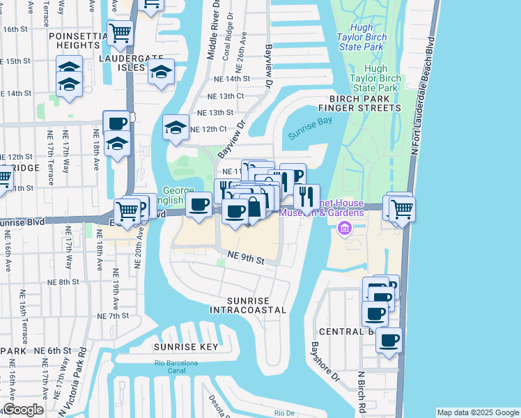 map of restaurants, bars, coffee shops, grocery stores, and more near 2584a East Sunrise Boulevard in Fort Lauderdale