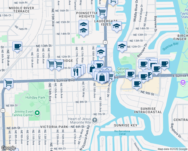 map of restaurants, bars, coffee shops, grocery stores, and more near 1771 East Sunrise Boulevard in Fort Lauderdale