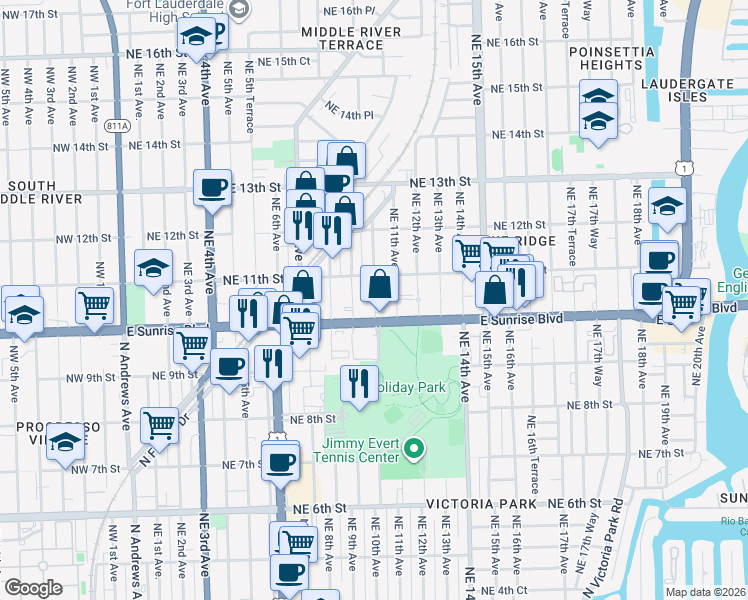map of restaurants, bars, coffee shops, grocery stores, and more near 1017 East Sunrise Boulevard in Fort Lauderdale