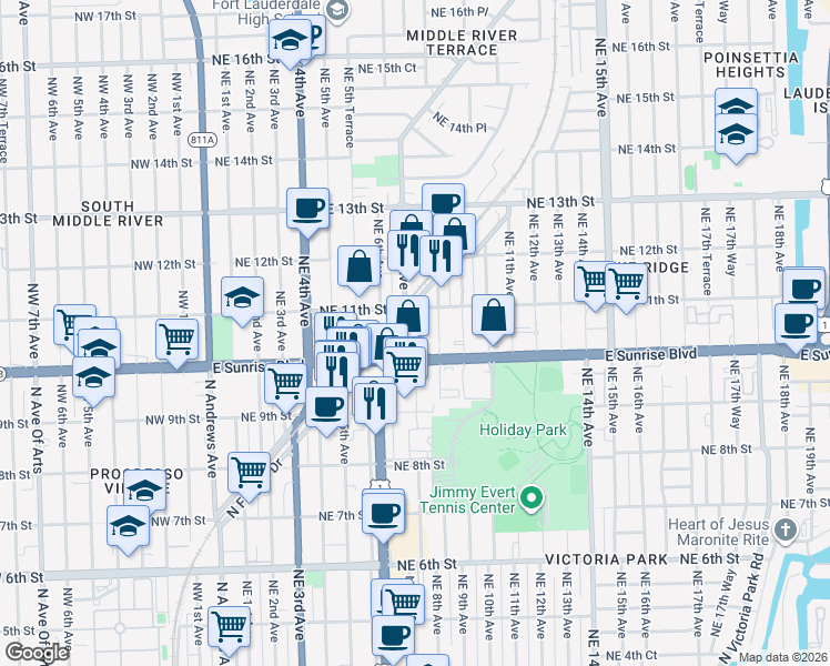 map of restaurants, bars, coffee shops, grocery stores, and more near 1011 Northeast 8th Avenue in Fort Lauderdale