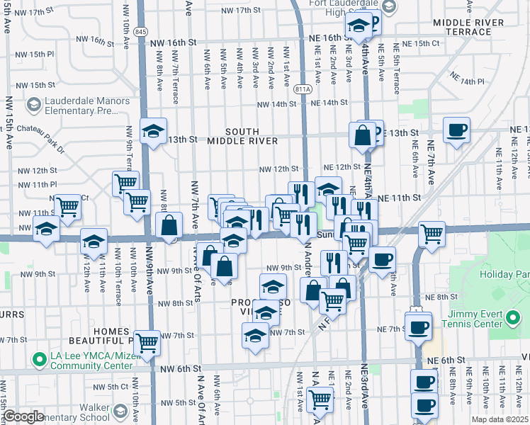 map of restaurants, bars, coffee shops, grocery stores, and more near 1019 Northwest 2nd Avenue in Fort Lauderdale