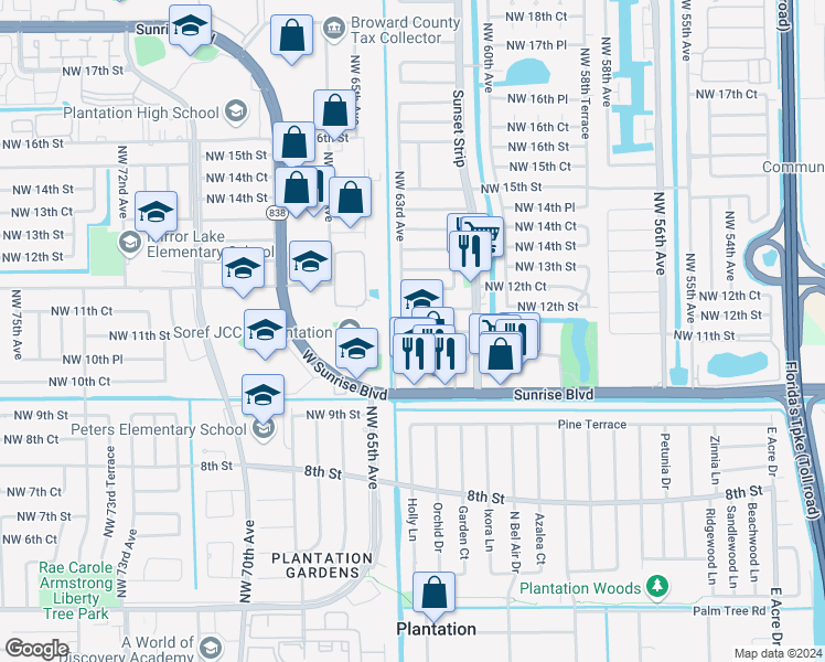 map of restaurants, bars, coffee shops, grocery stores, and more near 6196 Northwest 11th Street in Sunrise