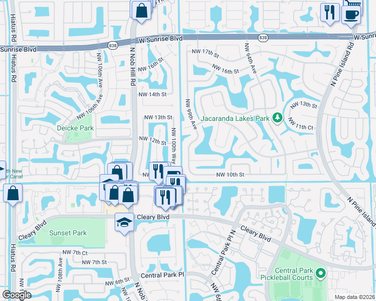 map of restaurants, bars, coffee shops, grocery stores, and more near 1025 Northwest 99th Avenue in Plantation