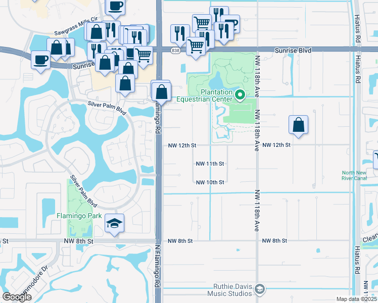 map of restaurants, bars, coffee shops, grocery stores, and more near 1101 Northwest 122nd Avenue in Plantation