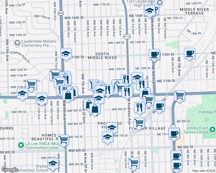 map of restaurants, bars, coffee shops, grocery stores, and more near 1020 Northwest 4th Avenue in Fort Lauderdale