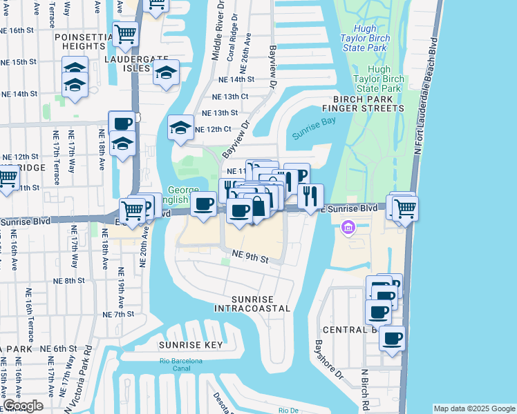 map of restaurants, bars, coffee shops, grocery stores, and more near 2519 East Sunrise Boulevard in Fort Lauderdale