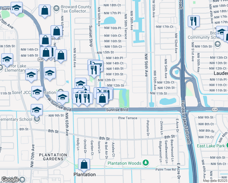 map of restaurants, bars, coffee shops, grocery stores, and more near 5935 Del Lago Circle in Sunrise