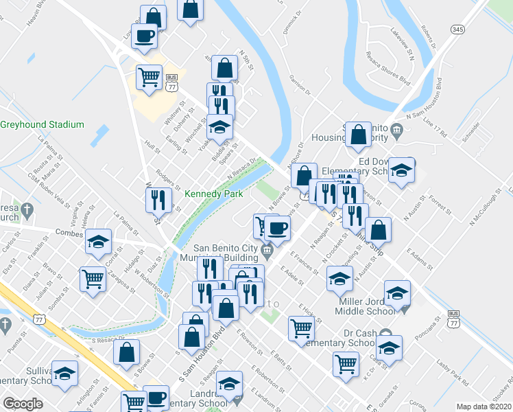 map of restaurants, bars, coffee shops, grocery stores, and more near 405 West Rose Street in San Benito