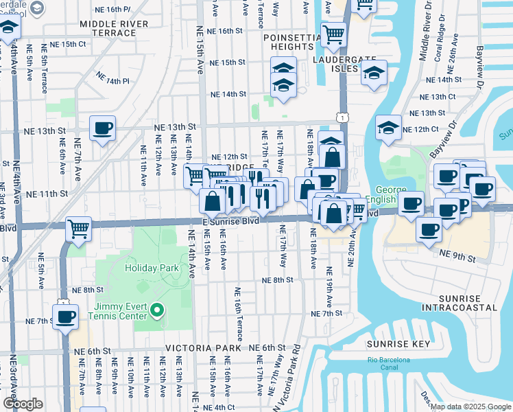 map of restaurants, bars, coffee shops, grocery stores, and more near 1010 Northeast 17th Avenue in Fort Lauderdale