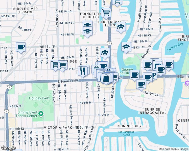 map of restaurants, bars, coffee shops, grocery stores, and more near 1771 East Sunrise Boulevard in Fort Lauderdale