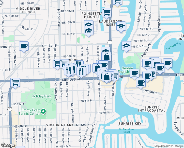 map of restaurants, bars, coffee shops, grocery stores, and more near 6761 East Sunrise Boulevard in Fort Lauderdale