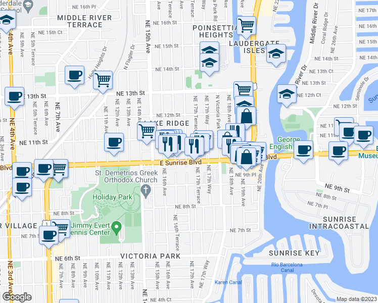 map of restaurants, bars, coffee shops, grocery stores, and more near 1010 Northeast 17th Avenue in Fort Lauderdale