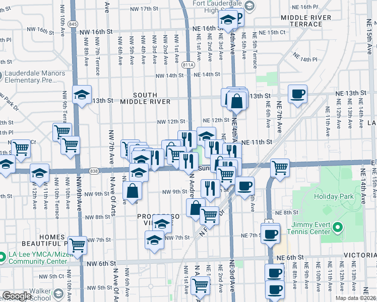 map of restaurants, bars, coffee shops, grocery stores, and more near 1 West Sunrise Boulevard in Fort Lauderdale