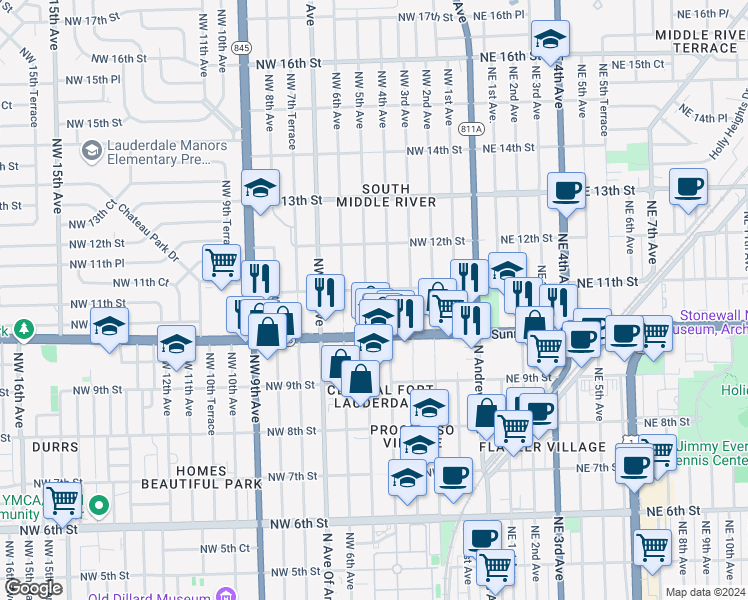 map of restaurants, bars, coffee shops, grocery stores, and more near 1020 Northwest 4th Avenue in Fort Lauderdale