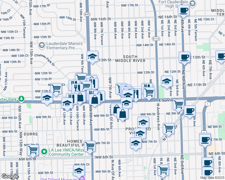 map of restaurants, bars, coffee shops, grocery stores, and more near 1025 Northwest 7th Avenue in Fort Lauderdale