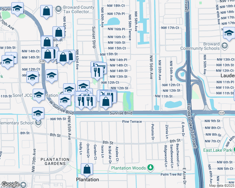 map of restaurants, bars, coffee shops, grocery stores, and more near 5935 Del Lago Circle in Sunrise