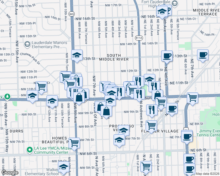 map of restaurants, bars, coffee shops, grocery stores, and more near 1020 Northwest 4th Avenue in Fort Lauderdale