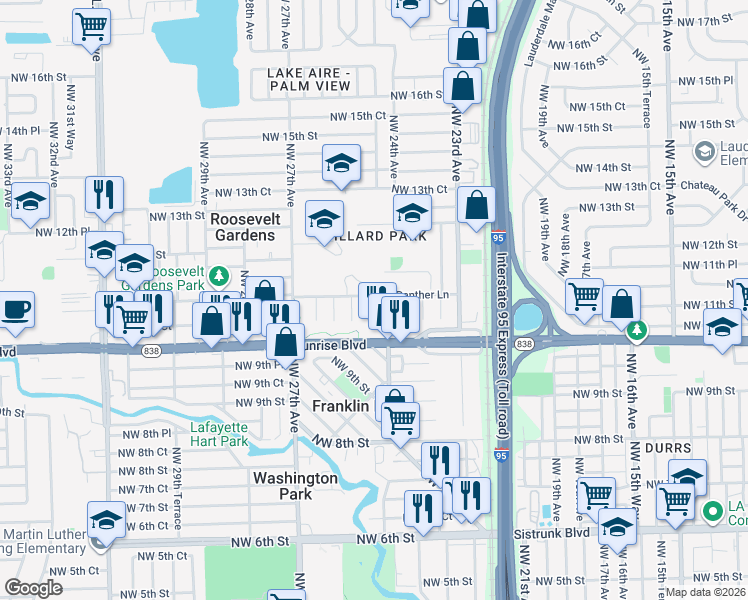 map of restaurants, bars, coffee shops, grocery stores, and more near 2410 Northwest 11th Street in Fort Lauderdale