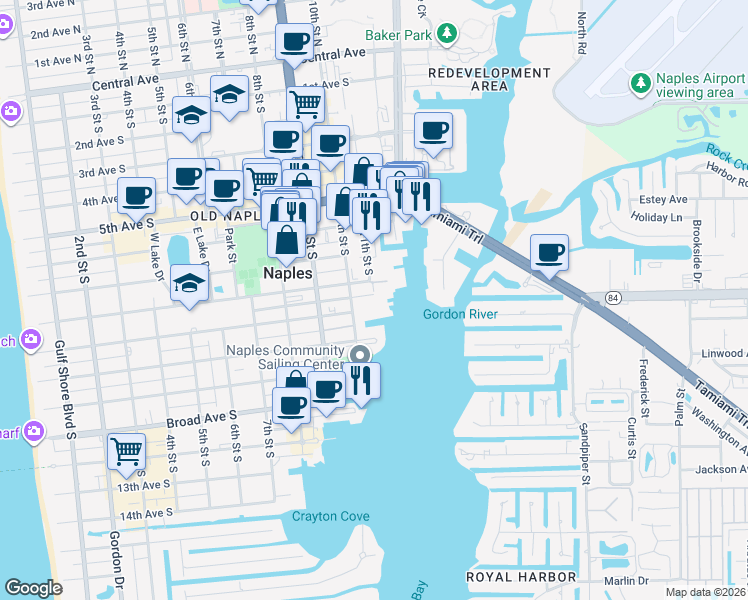 map of restaurants, bars, coffee shops, grocery stores, and more near 909 10th Street South in Naples