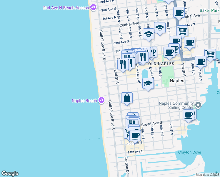 map of restaurants, bars, coffee shops, grocery stores, and more near 770 Gulf Shore Boulevard South in Naples