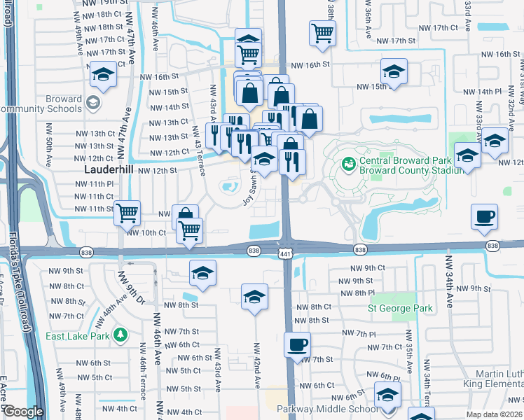 map of restaurants, bars, coffee shops, grocery stores, and more near 4022 North West 10th Place in Lauderhill