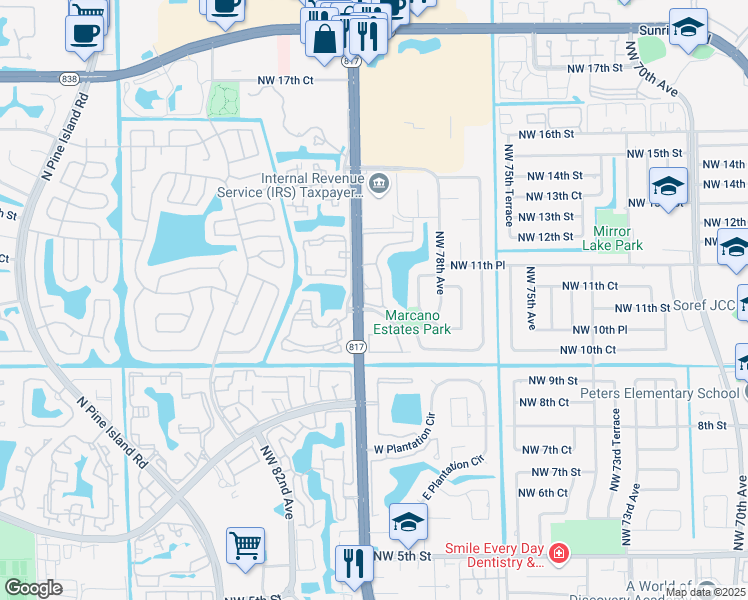 map of restaurants, bars, coffee shops, grocery stores, and more near 7980 South Marcano Boulevard in Plantation