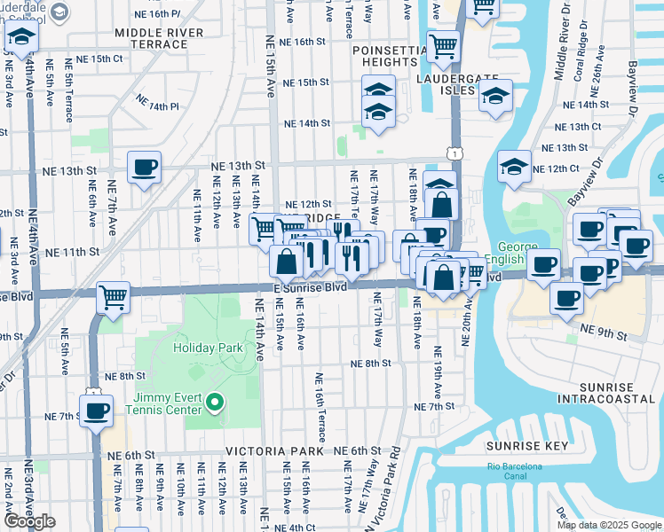 map of restaurants, bars, coffee shops, grocery stores, and more near 1010 Northeast 17th Avenue in Fort Lauderdale