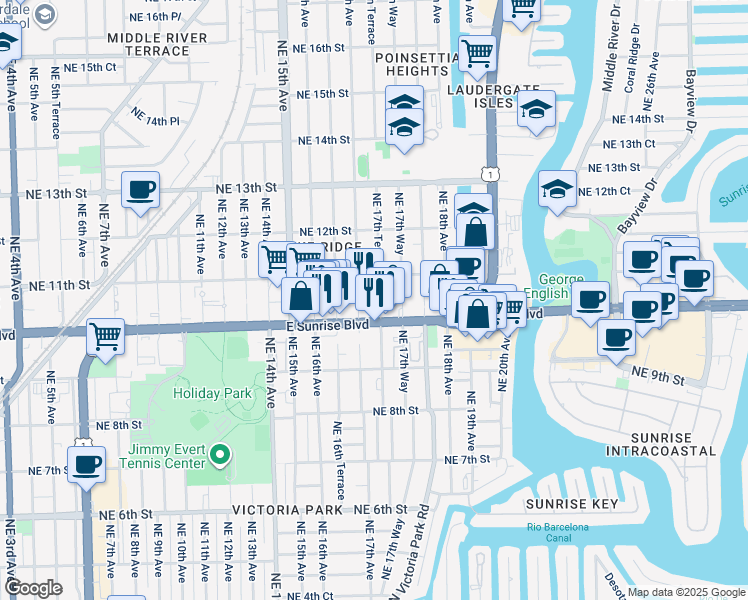 map of restaurants, bars, coffee shops, grocery stores, and more near 1019 Northeast 17th Terrace in Fort Lauderdale