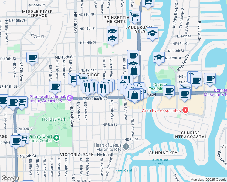 map of restaurants, bars, coffee shops, grocery stores, and more near 6761 East Sunrise Boulevard in Fort Lauderdale