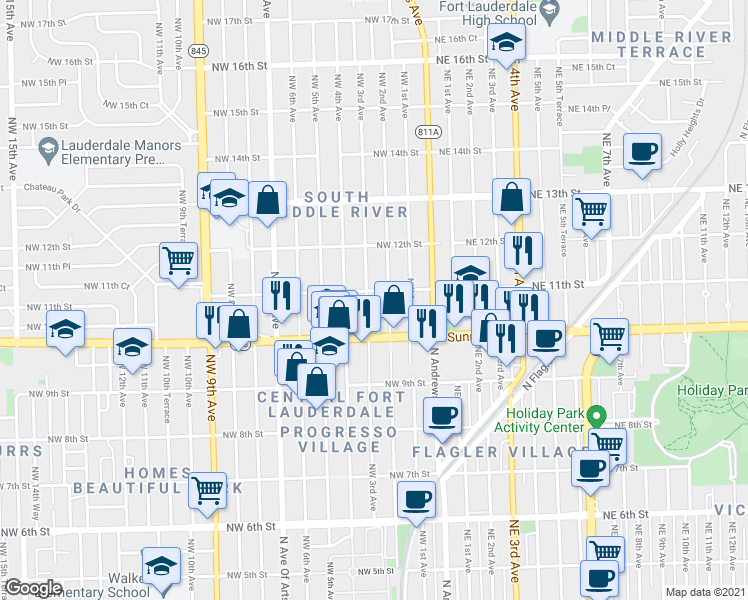 map of restaurants, bars, coffee shops, grocery stores, and more near 1019 Northwest 2nd Avenue in Fort Lauderdale