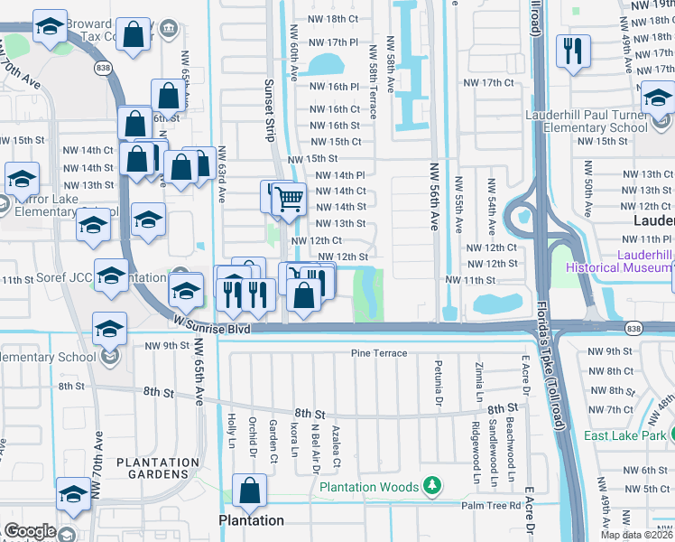 map of restaurants, bars, coffee shops, grocery stores, and more near 5935 Del Lago Circle in Sunrise