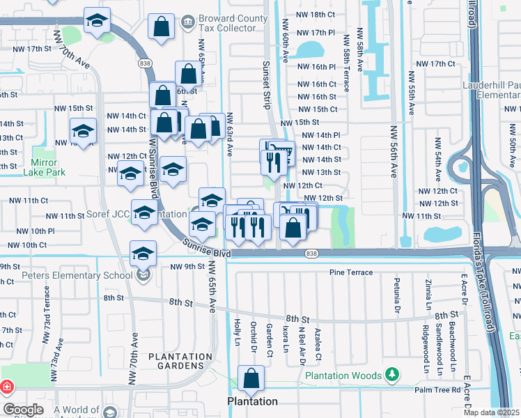 map of restaurants, bars, coffee shops, grocery stores, and more near 1075 Sunset Strip in Lauderhill