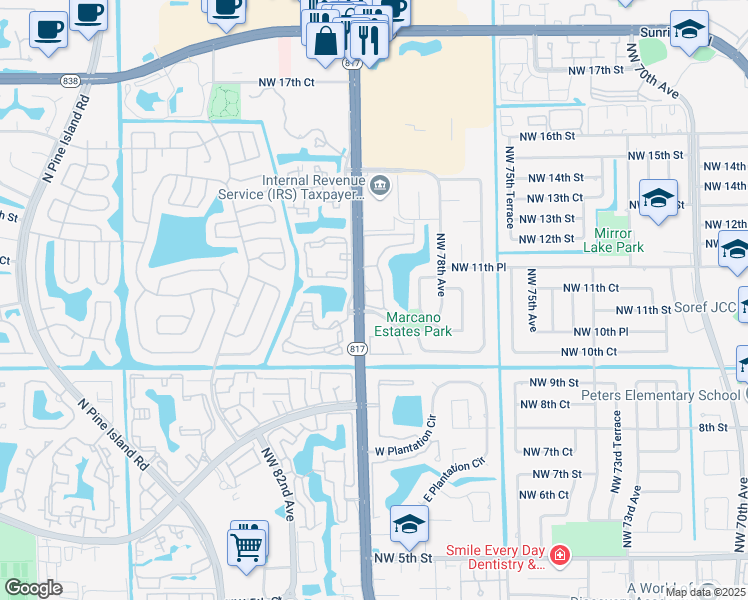 map of restaurants, bars, coffee shops, grocery stores, and more near 7980 South Marcano Boulevard in Plantation