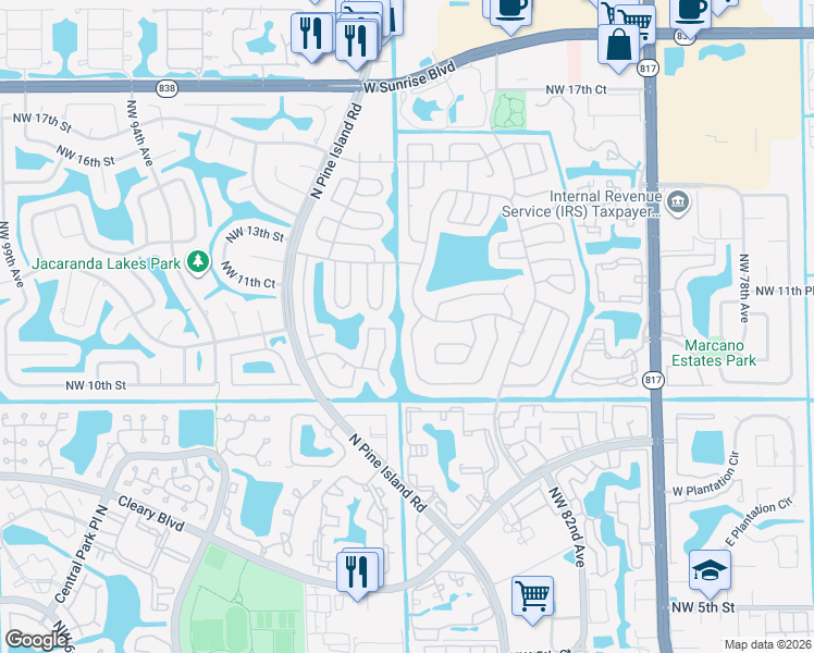 map of restaurants, bars, coffee shops, grocery stores, and more near 1045 Northwest 88th Avenue in Plantation