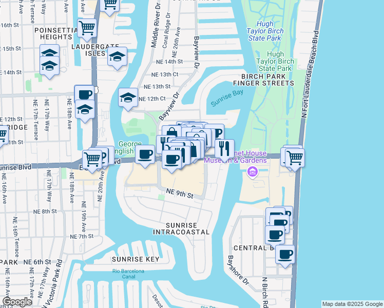 map of restaurants, bars, coffee shops, grocery stores, and more near 2519 East Sunrise Boulevard in Fort Lauderdale
