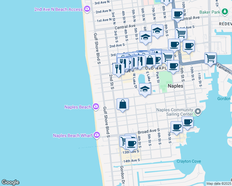 map of restaurants, bars, coffee shops, grocery stores, and more near 242 7th Avenue South in Naples