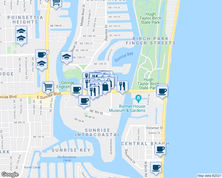 map of restaurants, bars, coffee shops, grocery stores, and more near 1030 Seminole Drive in Fort Lauderdale