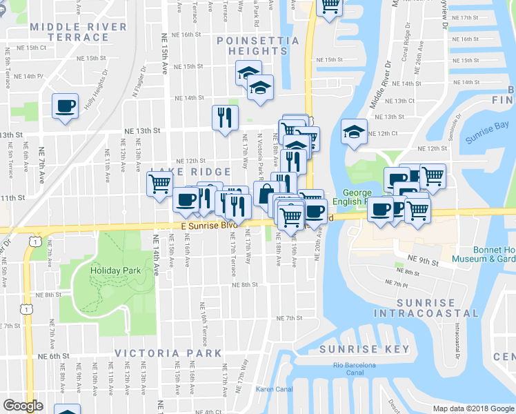 map of restaurants, bars, coffee shops, grocery stores, and more near 406 Northeast 11th Street in Fort Lauderdale