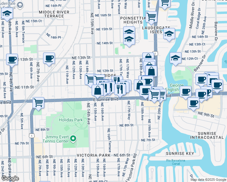 map of restaurants, bars, coffee shops, grocery stores, and more near 2101 Northeast 11th Street in Fort Lauderdale