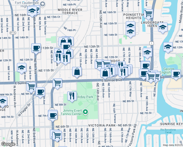 map of restaurants, bars, coffee shops, grocery stores, and more near 1314 Northeast 11th Street in Fort Lauderdale