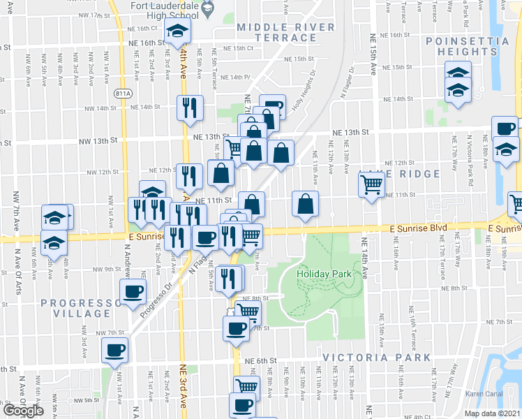 map of restaurants, bars, coffee shops, grocery stores, and more near 701 Northeast 11th Street in Fort Lauderdale