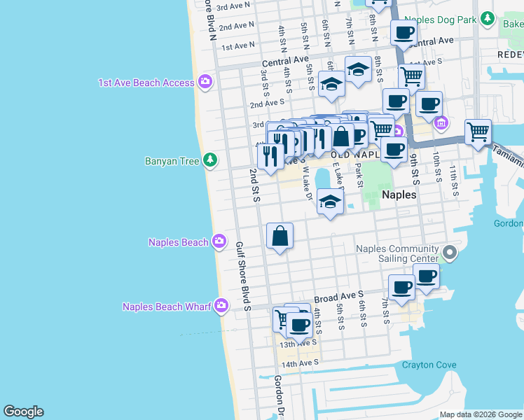 map of restaurants, bars, coffee shops, grocery stores, and more near 675 2nd Street South in Naples