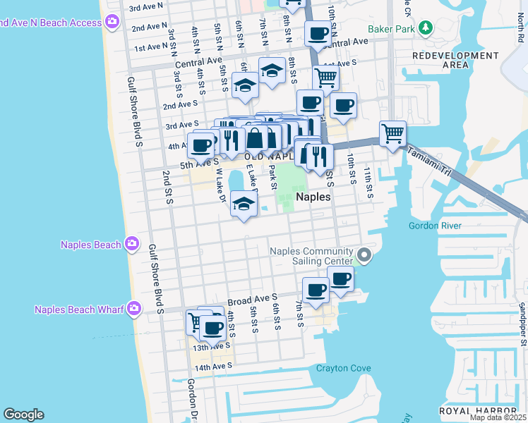 map of restaurants, bars, coffee shops, grocery stores, and more near 630 7th Avenue South in Naples