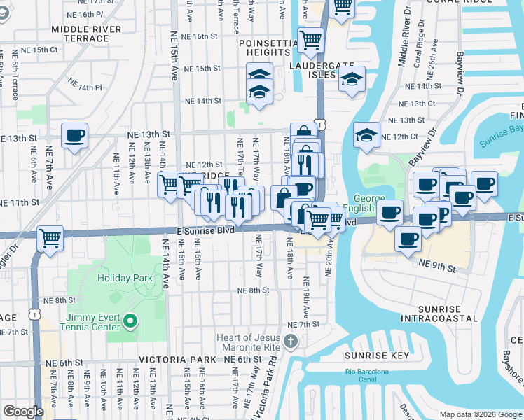 map of restaurants, bars, coffee shops, grocery stores, and more near 406 Northeast 11th Street in Fort Lauderdale