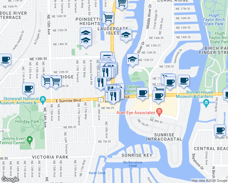 map of restaurants, bars, coffee shops, grocery stores, and more near 1180 U.S. 1 in Fort Lauderdale