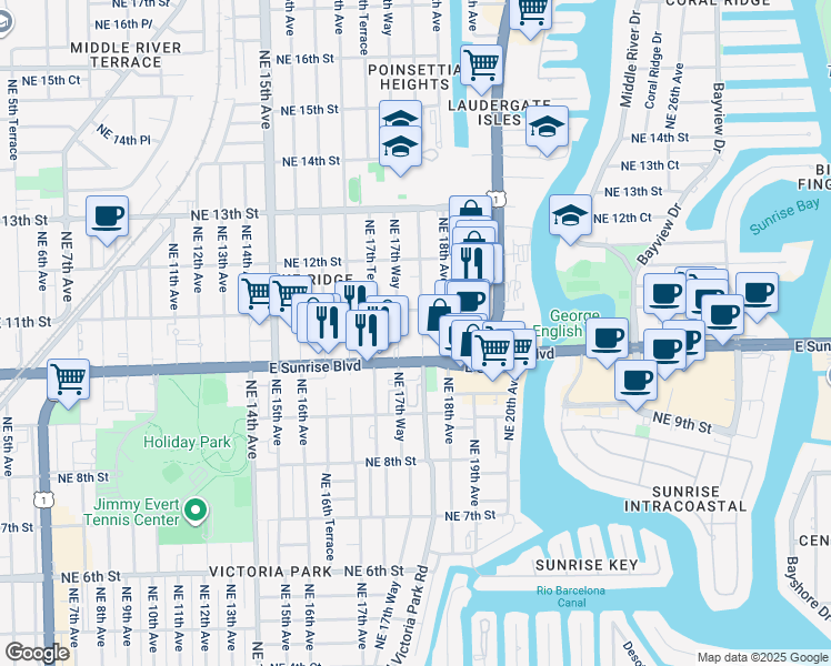 map of restaurants, bars, coffee shops, grocery stores, and more near 406 Northeast 11th Street in Fort Lauderdale