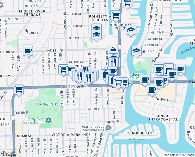 map of restaurants, bars, coffee shops, grocery stores, and more near 406 Northeast 11th Street in Fort Lauderdale