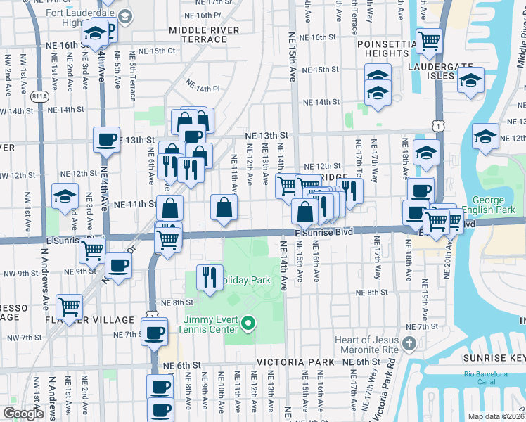 map of restaurants, bars, coffee shops, grocery stores, and more near 1044 Northeast 12th Avenue in Fort Lauderdale