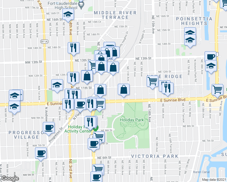 map of restaurants, bars, coffee shops, grocery stores, and more near 1101 Northeast 9th Avenue in Fort Lauderdale