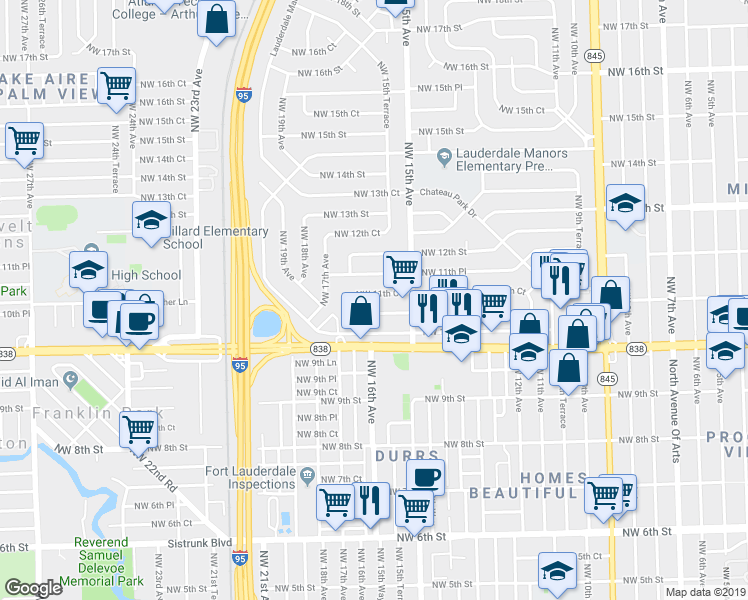 map of restaurants, bars, coffee shops, grocery stores, and more near 1613 Northwest 11th Court in Fort Lauderdale